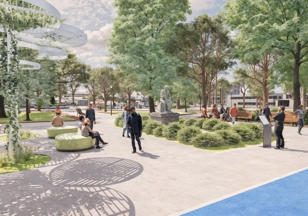 Render Plaza Urquiza zona monumento a borges